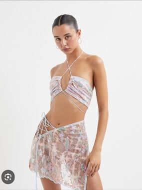 For Love & Lemons Monique Pastel Blue Lace Mini Skirt And Matching Bikini Top